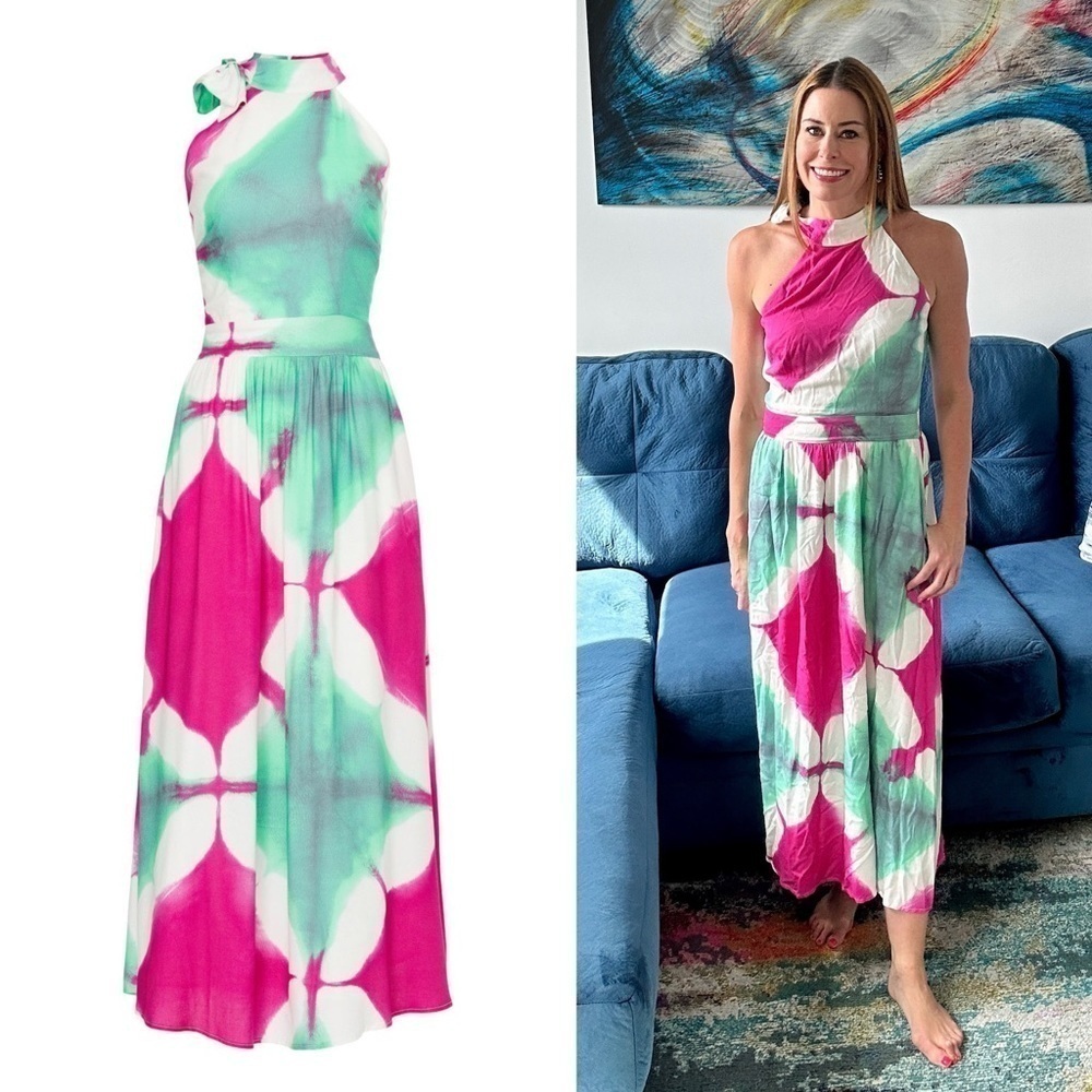BUSAYO 70s Batik Print Sleeveless Halter Side Tie Neck Fit & Flare Maxi Dress 12 - Picture 8 of 10
